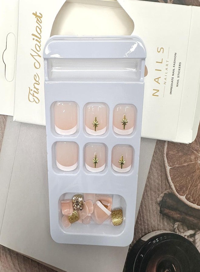 HJKDSFD 24Pcs White French Tip Press on Toe Nails Short Fake Toenails Nude Square Acrylic False Toenails with Gold Rhinestones Designs Full Cover Reusable Gloss Glue on Toenails for Women and Girls - Image 4